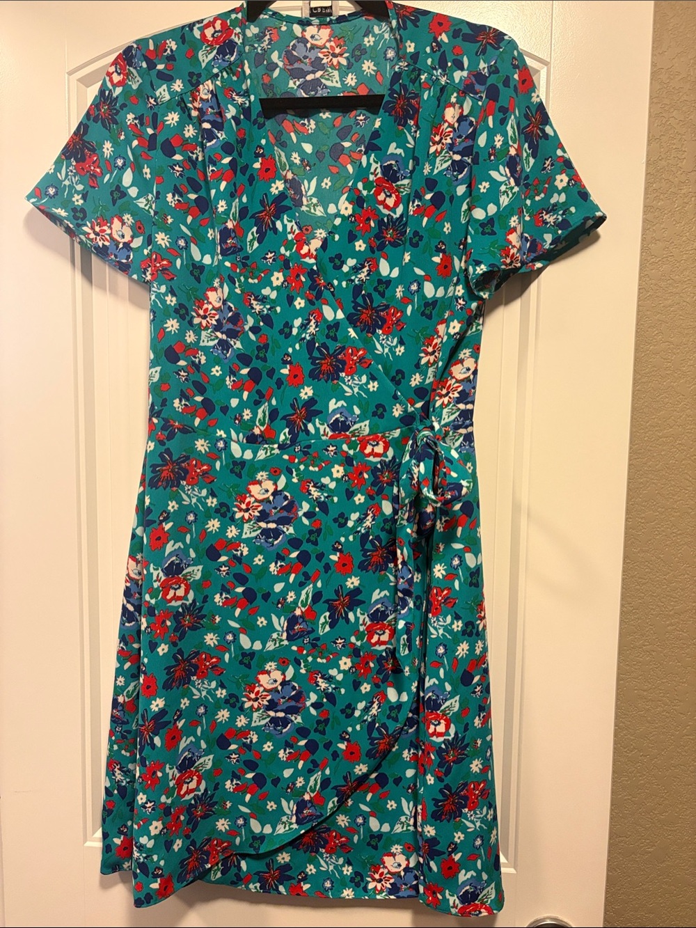J. Crew Teal Floral Wrap Midi Dress with Red & Navy Accents
